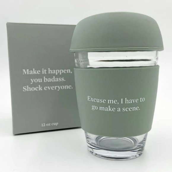 EXCUSE ME, I HAVE TO GO MAKE A SCENE 12oz Glass Travel Cup Mug with Cover NEW - Picture 1 of 4